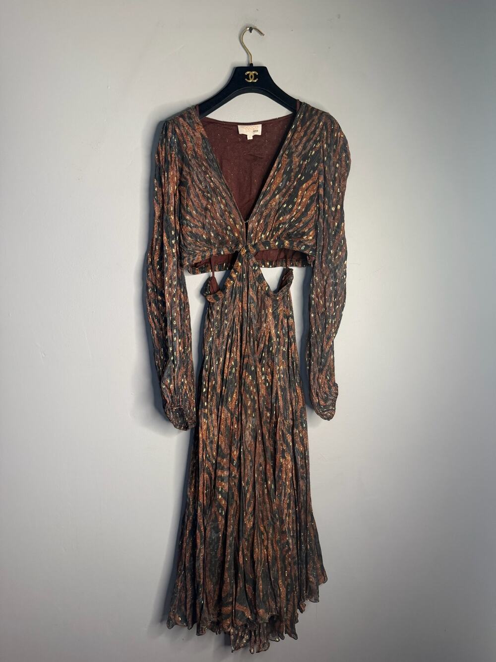 Rococo Sand Long Sleeve Cutout Maxi Dress Silk Metallic Print Women Size XL